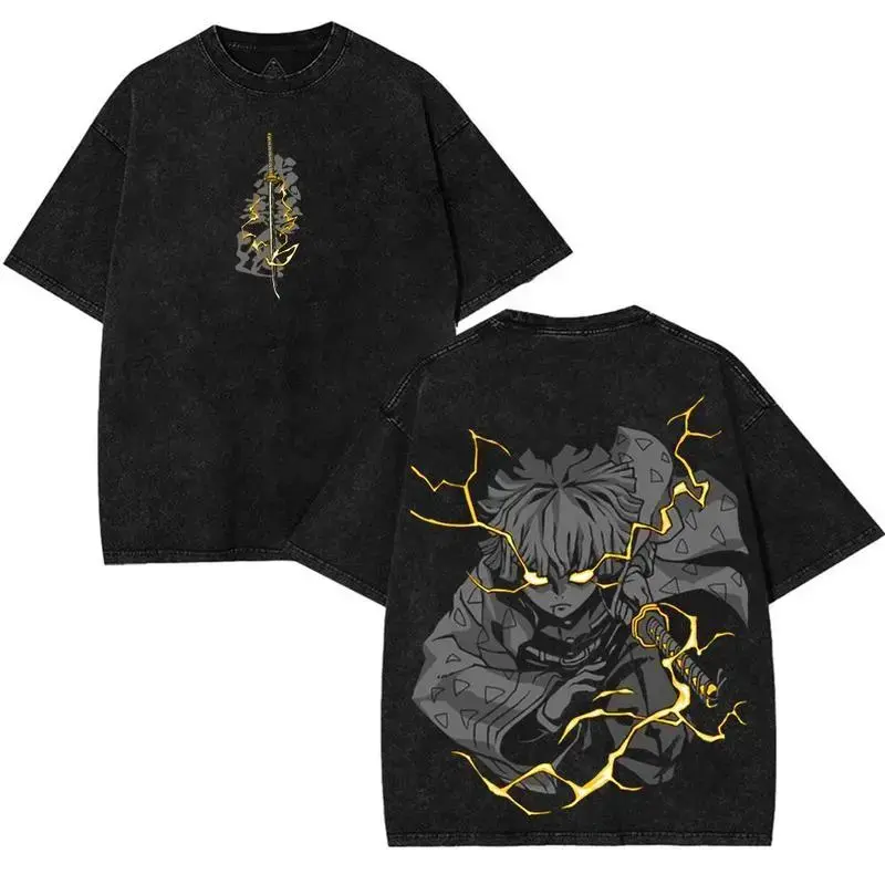 Men's Zenitsu Graphic Print T-Shirt, Washed Streetwear Oversized Fit in Soft 230gsm Heavyweight Cotton, Round Neck Top, Tops, Apparel, Short, Washed Finish, Anime Zenitsu Art, Chic, Ribbed, Fabric