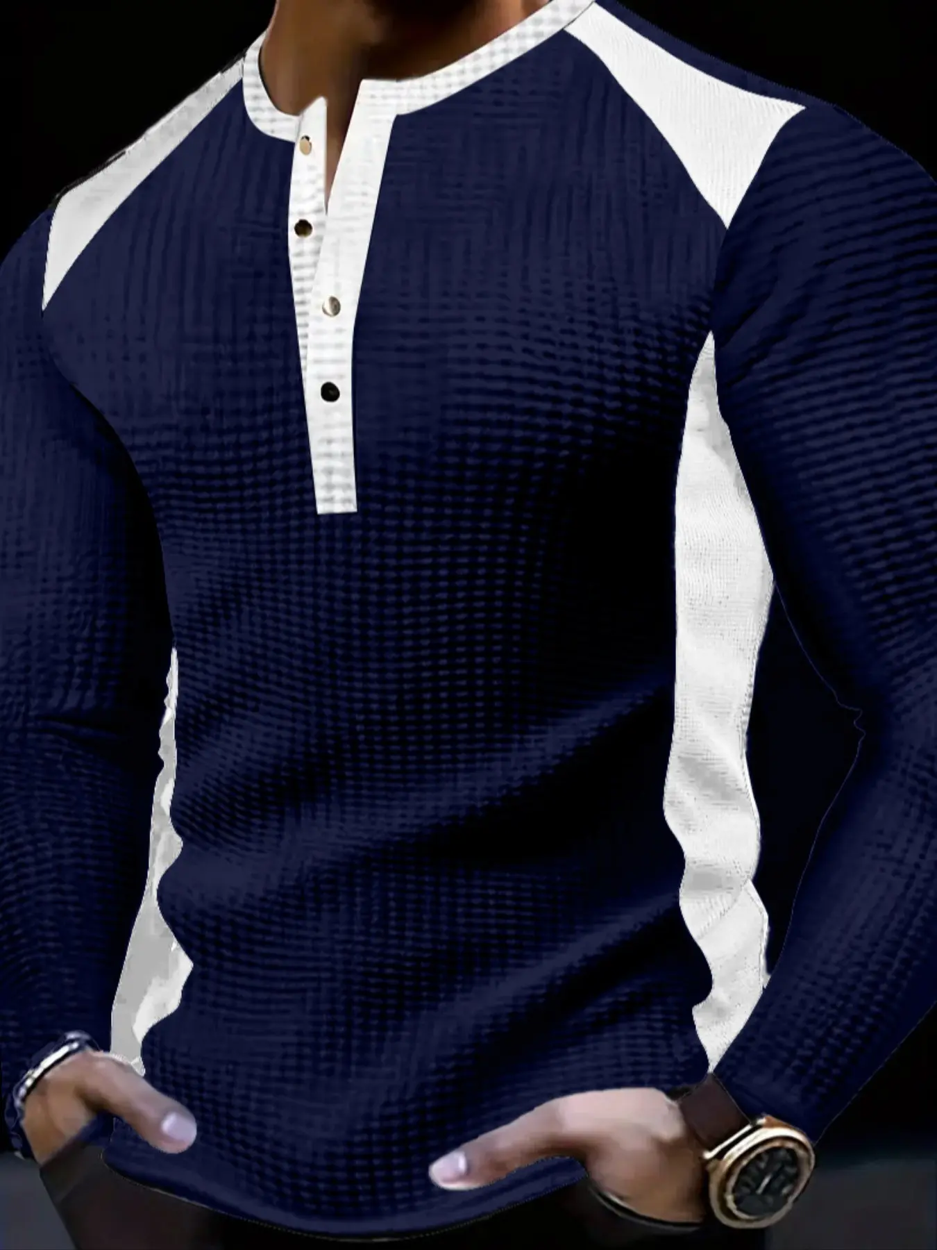 Men's Fashion Casual Business Long Sleeve Fitted Henry Shirt, High-End Colorblock Waffle Knit Henley Tee, Essential Golf Polo Wear
