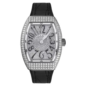 Franck Muller Vanguard V32 Quartz Stainless Steel Aftermarket Diamond Pave Case & Dial Black Arabic Numerals Leather Strap Ladies Watch WHP042075