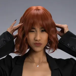 9-Inch Solid Sunwash Faded Cherry Red Layered Wavy Long Bob Synthetic Wig | 【Heat Resistant】【Cap Included】 |  #26@5 FSGA