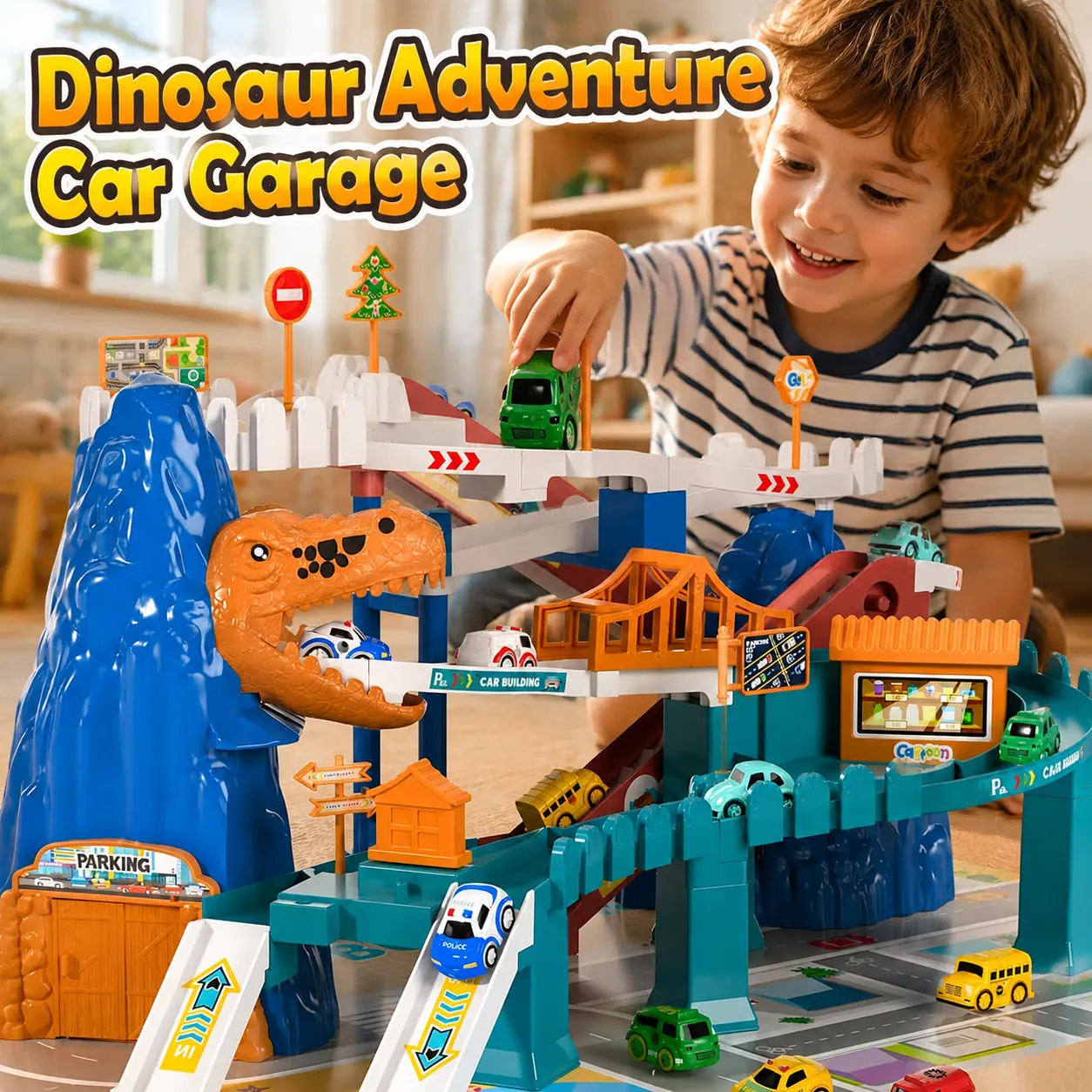 Dinosaur Race Track Playset for Kids Ages 3-8, Ramp Playset with 10 Mini Cars, Car Garage Parking Area, Learning Creative Educational Toy, Birthday or Christmas Gift for Boys