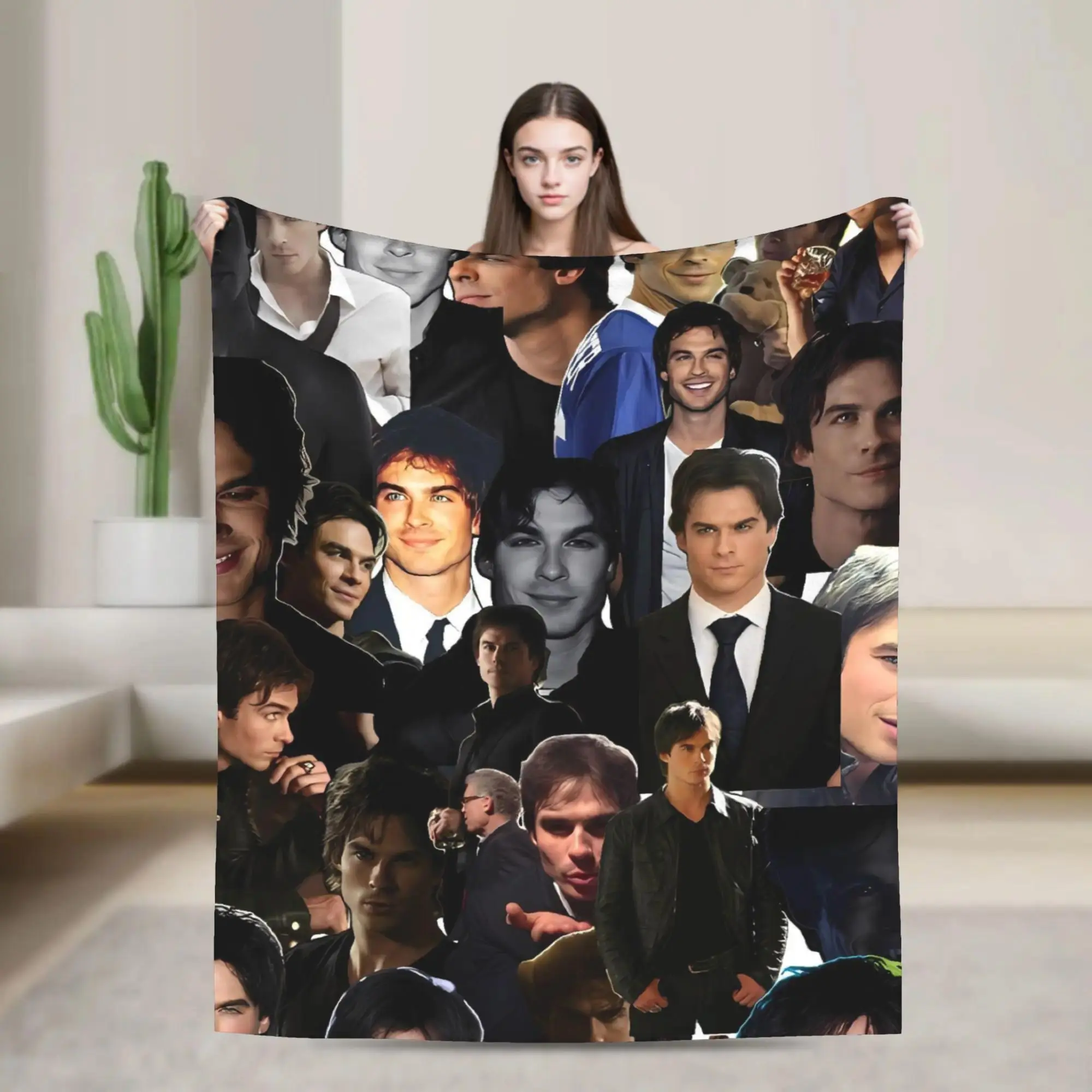 Vampire Diaries Damon Salvatore Illustrated Character Flannel Blanket - Soft Plush Throw Blanket for Couch, Bed, Movie Fans’ Decor, Illustrated Character Blankets