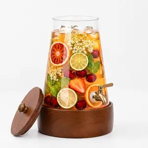 Physkoa 1.7 Gallon (6L) Glass Drink Dispenser with Spigot & Wooden Base - Large Rustic Beverage Dispenser for Parties, Iced Tea, Lemonade, Sangria - Leakproof Drink Pitcher with Base and Lid