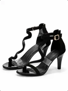 Modern Wavy Clear Strap Stiletto Heels - Black Open Toe Evening Sandals