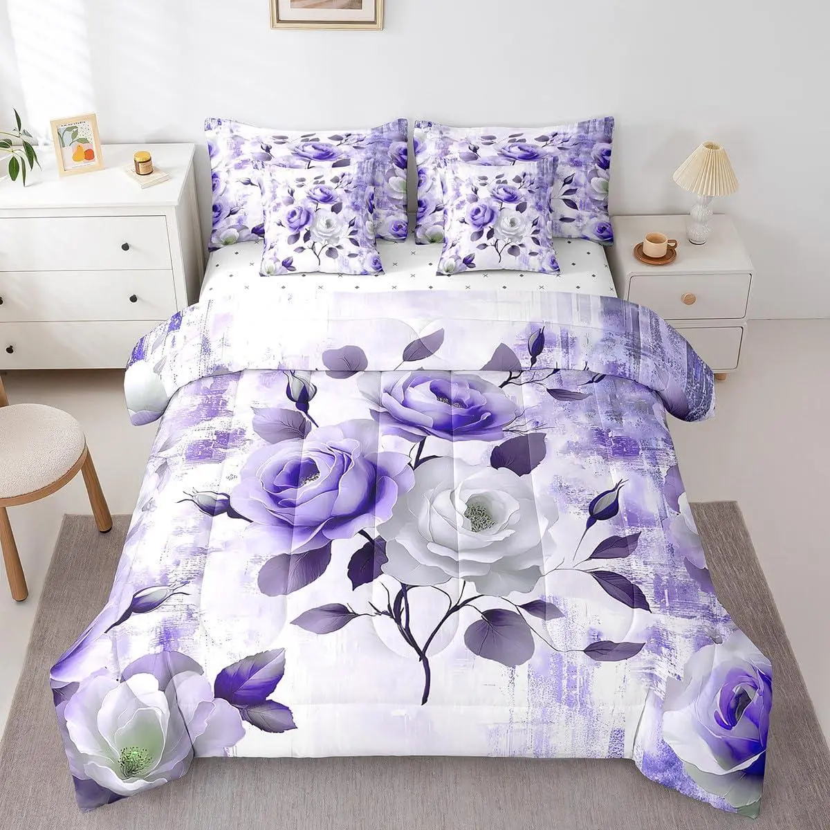 7-Piece Chic Floral Bedding Women Rose Flower Comforter Set,Purple Ombre Bedding Comforter Sets Gradient Oil Painting Bed in a Bag,Vintage Watercolor Bedding