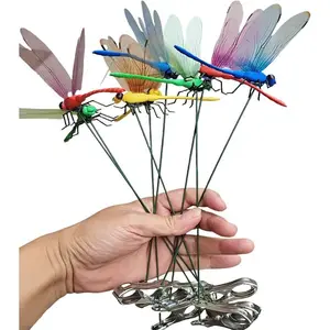 12 Pieces Fake Dragonfly Rod Clip Mosquito Repellent, Four-Color Set, Outdoor 3D Dragonfly Garden Decoration Clip, Outdoor Dragonfly Decoration Wind Chime Decoration
