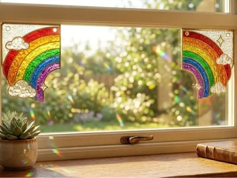 Rainbow Stained Glass Window Corner Decor, Colorful Glass Suncatcher, Window Frame Hanging, Home Decor Gift, Rainbow Window Art