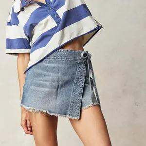 Womens Denim Skorts Casual Mid Waist Tie-Up Side Wrap Skirts Summer Jean Shorts Bottoms Womenswear