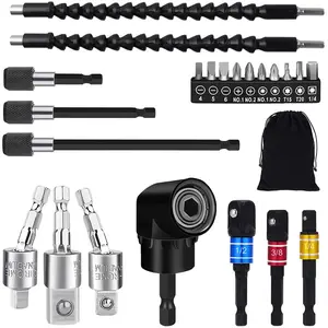 Flexible Drill Bit Extension Set, 105?Right Angle Drill Attachment, 1/4 3/8 1/2" Hex Shank Impact Driver Socket Adapter Rotatable Socket, Bendable Drill Bit Extension and  Bit KitQuesear