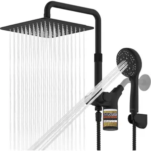 Ryamen Upgraded Dual Shower Heads Combo, 10 inch Filtered Shower Head with Handheld, 3-Way Rain Shower Head with Filters, 7 Settings Handheld Spray, High Pressure, Height Adjustable (Black)