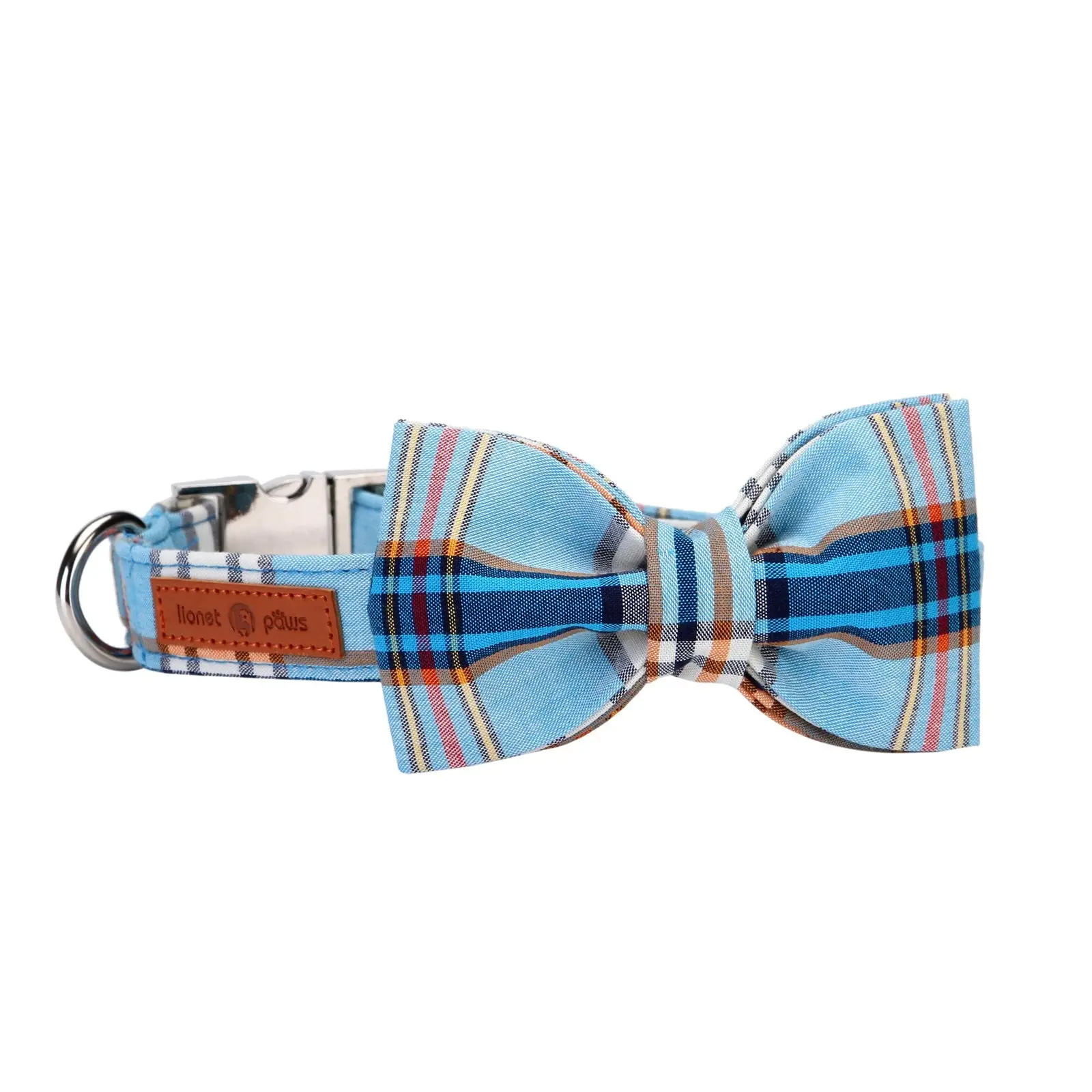 Lionet Paws Adjustable Male Dog Collar - Chew-Resistant Cotton, Versatile, Non-Customized, Detachable Blue Plaid Bowtie, Hand Wash Only Pet Accessory for Family Photos, Birthday Parties