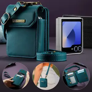 Foldable Phone Case for Samsung Zflip & Motorola, 5 Card Slots + RFID Blocking, Adjustable Shoulder Strap, Short Lanyard Included