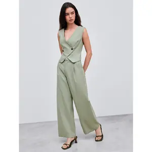 Cider [2 colors, size 2-26] Linen-blend Mid Rise Solid Pocket Wide Leg Trousers