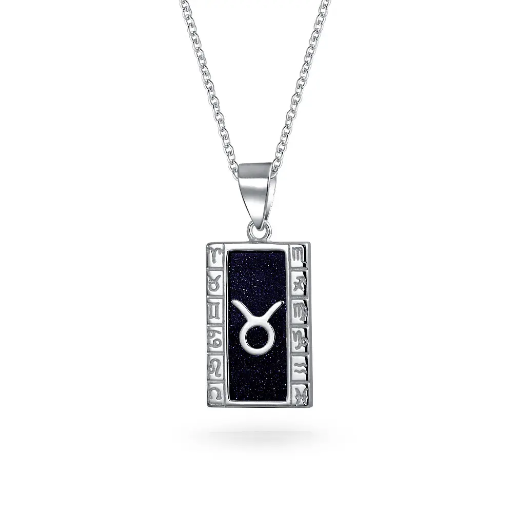 Taurus Zodiac Dog Tag Style Pendant Necklace Navy Blue Goldstone .925 Sterling Silver