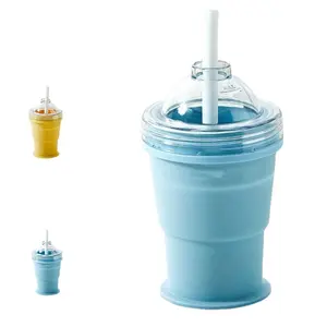 2-in-1 Foldable Silicone Ice Ball Cup, Portable Reusable Tumbler with Built-In Ice Mold & Straw, Leak-Proof Summer Drinkware for On-the-Go