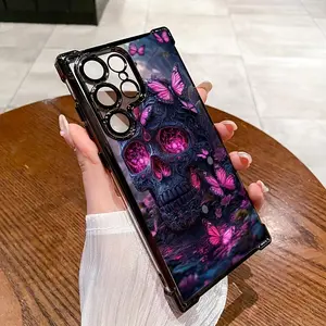 Luxury Electroplated Clear Phone Case Designed for SAMUNG Galaxy S24/S23/S22 And Their Plus And Ultra Variants, Featuring Drop Protection And Shockproof Corners, Available in Silvery Black Pink with a Butterfly Skull Design. Cover Smartphone