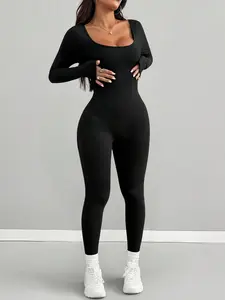 Women's Long Sleeve Square Neck Backless Bodysuit, High Waist Elastic Slim Fit, Spring Fall Casual Party
