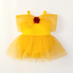 05 Yellow Flowers Dress Baby Girl Floral Bodysuit & Pinafore Skirt Vintaside Kids Baby Girl Floral Newborn Baby Casual Sweet Dress Infant Toddler Flower Mesh Dress