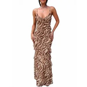 HOCILLE Sexy V Neck Backless Ruffle Maxi Dress for Women 2026 Summer Elegant Bodycon Floral Tie Dye Long Dress Spaghetti Strap Sundress for Wedding Guest, Cocktail Party, Graduation & Vacation Outfits Trendy Animal Print & Tie Dye Bodycon Y2K Streetwear
