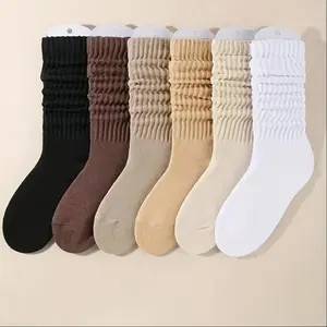 6 pairs of comfortable women's autumn and winter round socks with towel bottoms, solid color, soft polyester blend, casual long socks, suitable for pairing with boots, cute socks