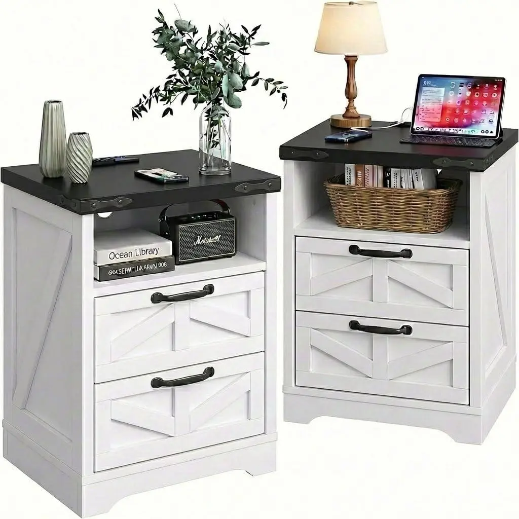 White Farmhouse Nightstands Set of 2, Wooden Bedside Table with Charging Station, White End Table with 2 Drawers, Night Stands for Bedroom Storage