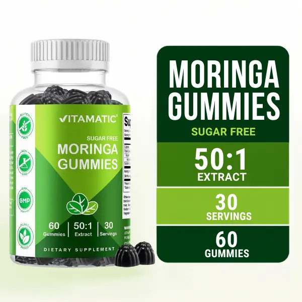 Vitamatic Sugar-Free Moringa Peach Gummies - 60 Pectin-Based Chewables, Dietary Supplement, Essential Minerals, Gluten-Free, Vegan, Youth Support, Natural Energy & Clean Fitness Aid