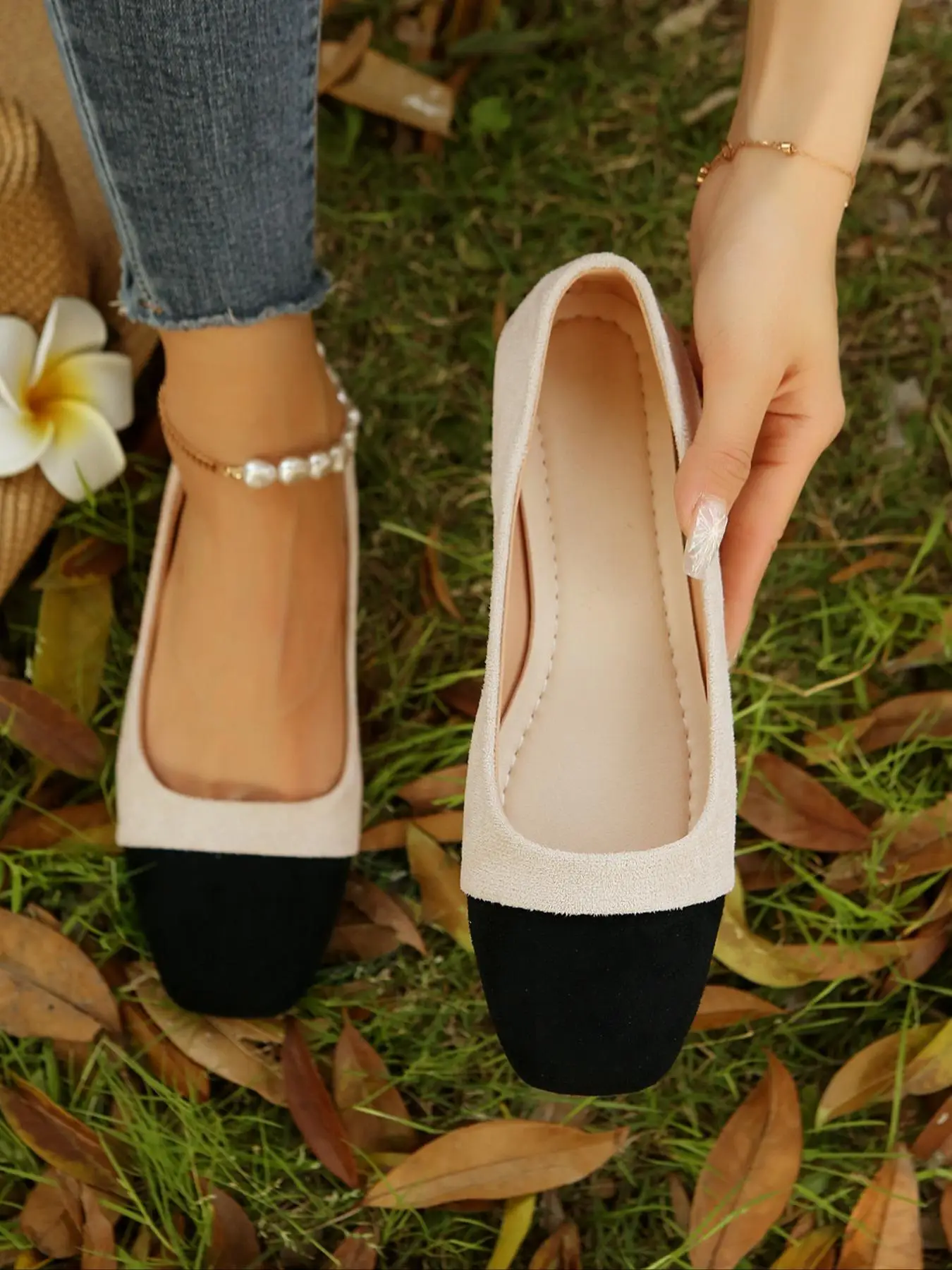 Women's Colorblock Round Toe Flats, 2024 Fashionable Summer New Slip on Shoes for Daily Wear, Lightweight Breathable Comfortable Fall Shoes for Women