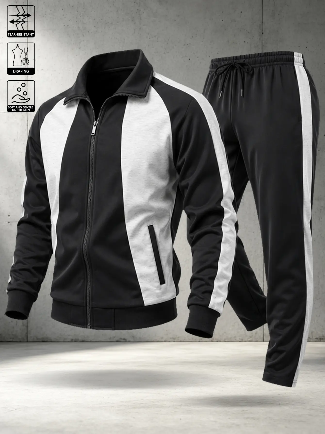 American casual men’s striped athletic set featuring a black-and-white vertically striped jacket with an elastic waistband and cuffed ankles, paired with fitted long pants with 3D side pockets—an all-in-one outfit suitable for morning runs, streetwear, an