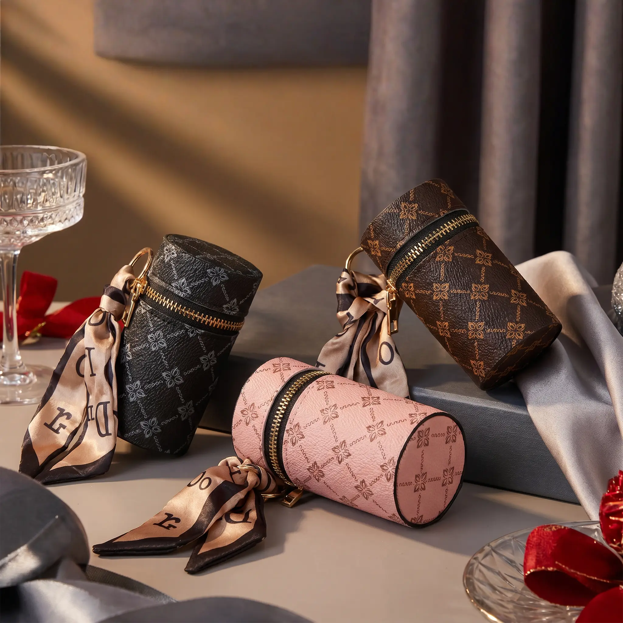 Vintage Cylindrical Mini Storage Bag | Multi‑Functional Lipstick & Key Coin Purse with Decorative Scarf, Portable Earphone Pouch, Fashion Daily Organizer, Ideal Personalized Gift for Women，graduation gift