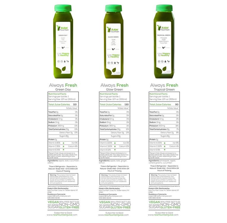3 Day Green Juice Cleanse Detox by RAW Fountain, 18x 12oz Bottles of RAW Cold Pressed Juices, All Natural, No Gluten, No Wheat, No Artificial Flavors