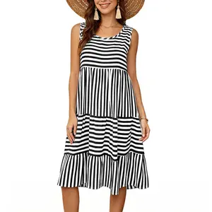 Women's Striped Tiered Sleeveless Dress - Casual Flowy A Line Summer Midi Dress