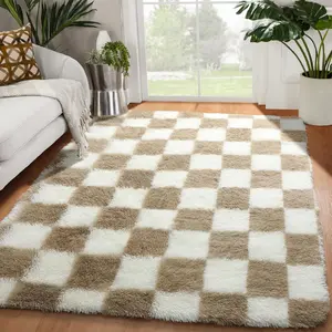 Area Rugs for Bedroom Living Room, 4x6 Soft Beige and Cream White Checkered Rug Fuzzy Shag Shaggy Carpet, Indoor Plush Rugs for Kids Boys Girls Dorm Nursery Office Home
