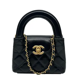 Pre-owned CHANEL Leather Mini Bags Kelly Mini Nano Quilted Shiny Aged Calfskin Tote Crossbody Bag Black