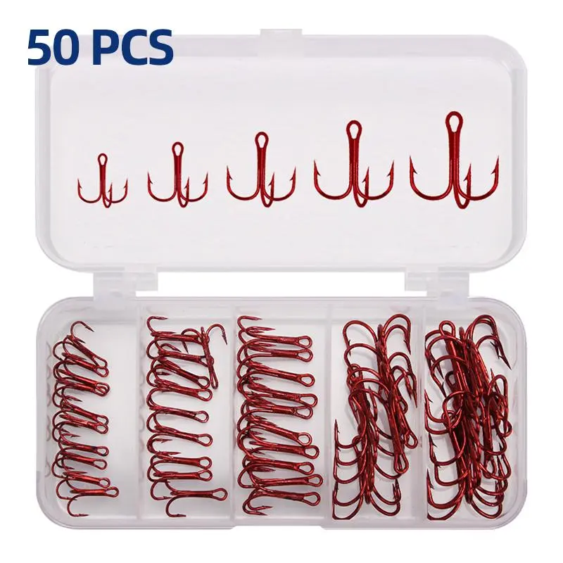 Fishing Treble Hooks, 50pcs Multi-size Carbon Steel Fishing Hook with Storage Box, Artificial Bait for Outdoor Fishing, Fishing Hook Set, Fishing Tackle, Fishing Supplies, Fishing Gear, Fishing Stuff