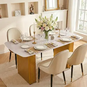 [Fahuac] 55.1x27.5x29.5in Dining Table - Marble Pattern Glass, Gold Dual-Pedestal Base, for 6-8 People.