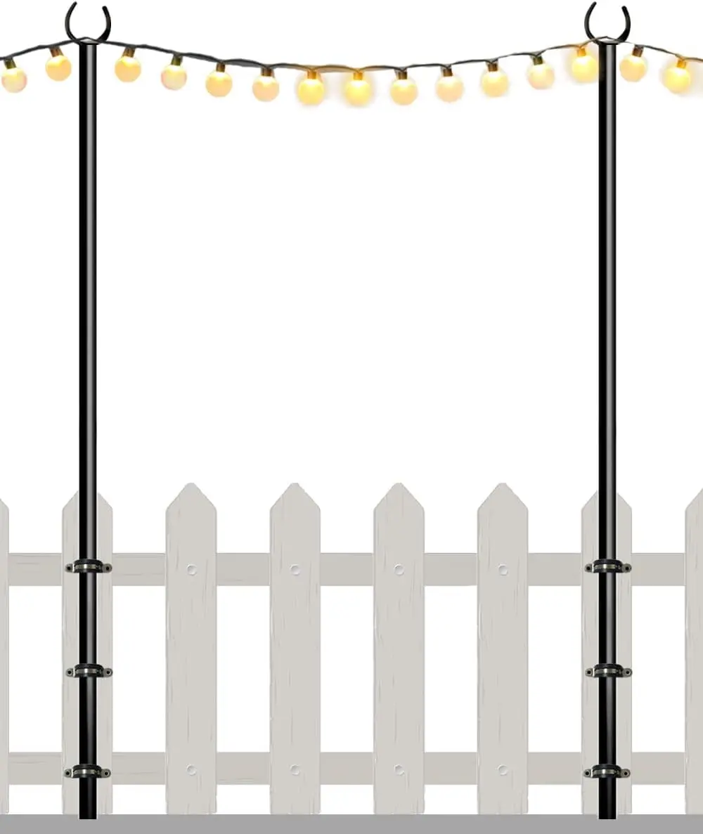 10FT String Light Poles for Outdoor, Heavy Duty Metal Lighting Stand Pole for Deck Fence Railing Backyard Patio Holiday Wedding Party Decorations 2 Pack