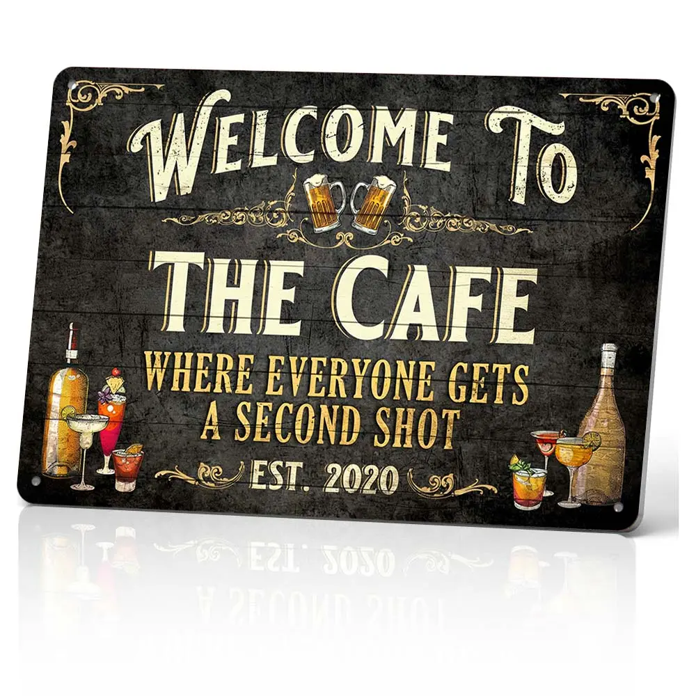 8x12 in Aluminium Metal Vintage Plaque - Funny "Welcome To The Cafe Where Everyone Gets A Second Shot" Sign, Hanging Home Supplies, Living Room Decor, Home Decoration Art Deco Gift with Rustic Design for Coffee Shop Use