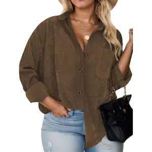 ROSRISS Women's Plus Size Soft Corduroy Shacket - Long-Sleeves, Button-Down, Pockets, Outdoor Style, Fall Outfits, Blouse Top, Skirt Compatibility, DPS1126,summervibes