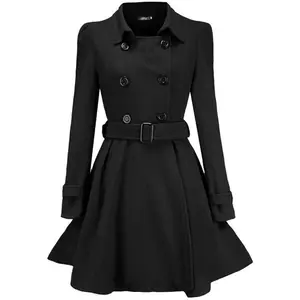 Women's Winter Double Breasted Dress Coats Winter Trench Jacket with Belt A-Line Mid Long Slim Flared Swing Peacoat