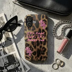 It's Never Luck, It's Always God Leopard Slogan Case, Y2k Leopard and Cross Quote Luxe Style Art, Motivation, Phone Cases For 11 to 17Promax
