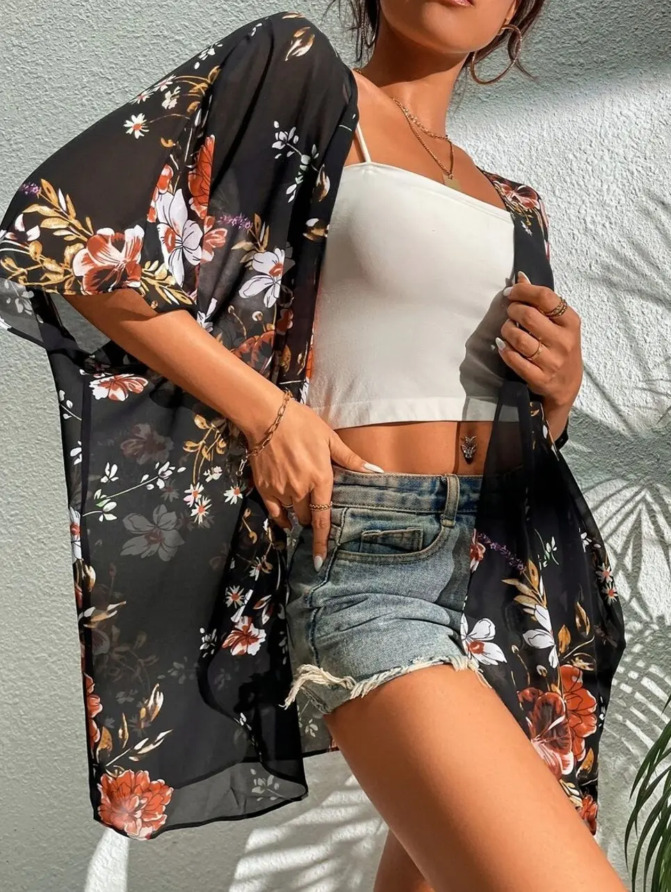 Swim Women's Black Tropical Floral Chiffon Kimono | Loose Open-Front Beach Cover-Up | Burnt Orange & White Botanical Print Cardigan