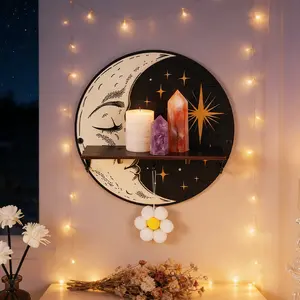 Modern Simple Moon Element Round Wall Decor Shelves, DIY Assembly Floating Shelves, Hanging Shelf, Wall Mounted Shelf, Wooden Panel Iron Hook Design, Bedroom Living Room Dining Room