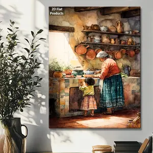 2D Flat 1pc Wooden Framed Mexican Grandmother in Kitchen with Grandchild Poster - Retro Americana Style Canvas Wall Art, Indoor/Outdoor Home Office Living Room Bedroom Decor, Fall & Summer Seasonal Decoration, Kitchen Wall Art, Vibrant Artwork, 2D Fl
