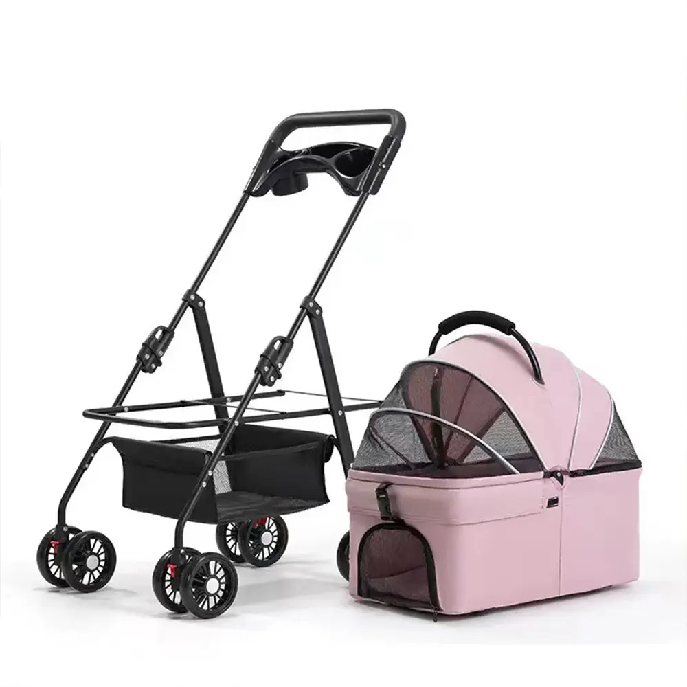 Pawzseek Foldable Puppy Stroller - Portable Pet Carrier for Cats and Dogs, Sun-Rain Cover, Breathable Mesh Panel, Storage Bag, Outdoor Transport Solution