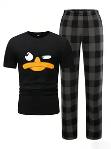 Viral TikTok Duck Face Graphic T-Shirt & Plaid Pants Set | Lightweight Breathable Loungewear | Perfect for Sleep, Lazy Days & Stay-at-Home Outfits | Trendy Matching Two-Piece Pajamas | Soft Non-Cotton Fabric | Must-Have Cozy Nightwear for All Seasons Pjs