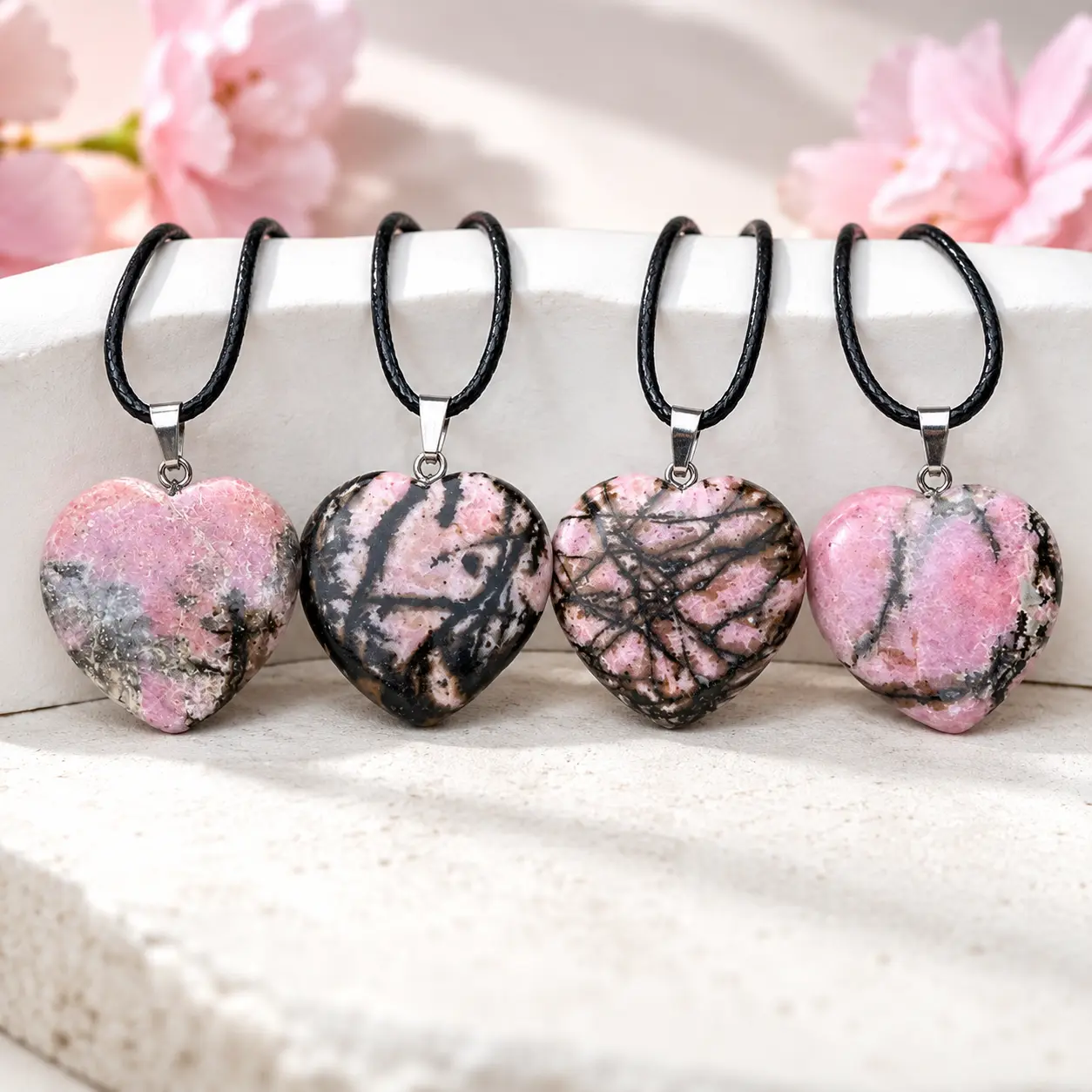 Natural Pink Rhodonite Heart Pendant Necklace – Genuine Crystal Stone Jewelry, Pink & Black Gemstone Heart, Unique Crystal Necklace for Women