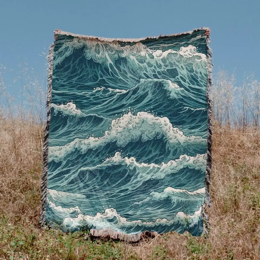 100% Cotton Ocean Waves Woven Blanket | Coastal Throw | Beach House Decor | Nautical Wall Tapestry