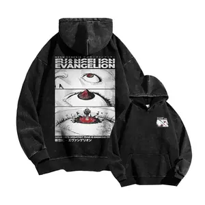 Retro Limited Vintage Neon Genesis Evangelion Oversized Washed Hoodie 350gsm Premium Cotton Classic Style Game Fan Gift Men's Clothing, Oversized Seamless Sweater Tops