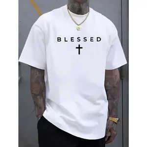 Men'S Casual Crew Neck T-Shirt with Cross & "BLESSED" Letter Print, 100%25 cotton Knit Fabric, Regular Fit Short Sleeve Tee for Summer, Comfortable & Versatile Weekend Casual Wear, Everyday Tshirt |       Sleek Black Tee |       Lightweight Fabric