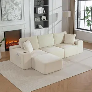 [SummerVibes] Vabches 110" Modular Sectional Sofa Couch, 3-Seat Oversized Convertible L-Shape Cloud Couch with Chaise & Ottoman, Compressed Foam, Comfy Boneless Design, Side Pockets, Cup Holders, Corduroy Beige for Living Room, Apartment